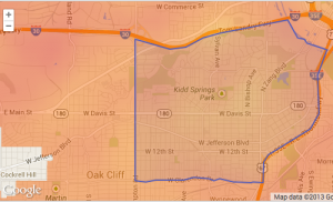 Bike Score's heat map of the Oak Cliff area (photo from walkscore.com)