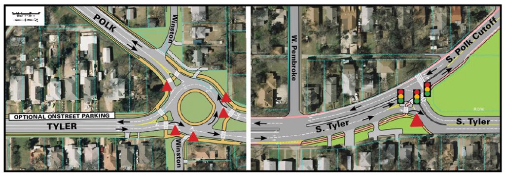The city proposes creating two-way streets by adding a roundabout on Tyler and Polk at Winston. A stoplight would join the streets at South Tyler.