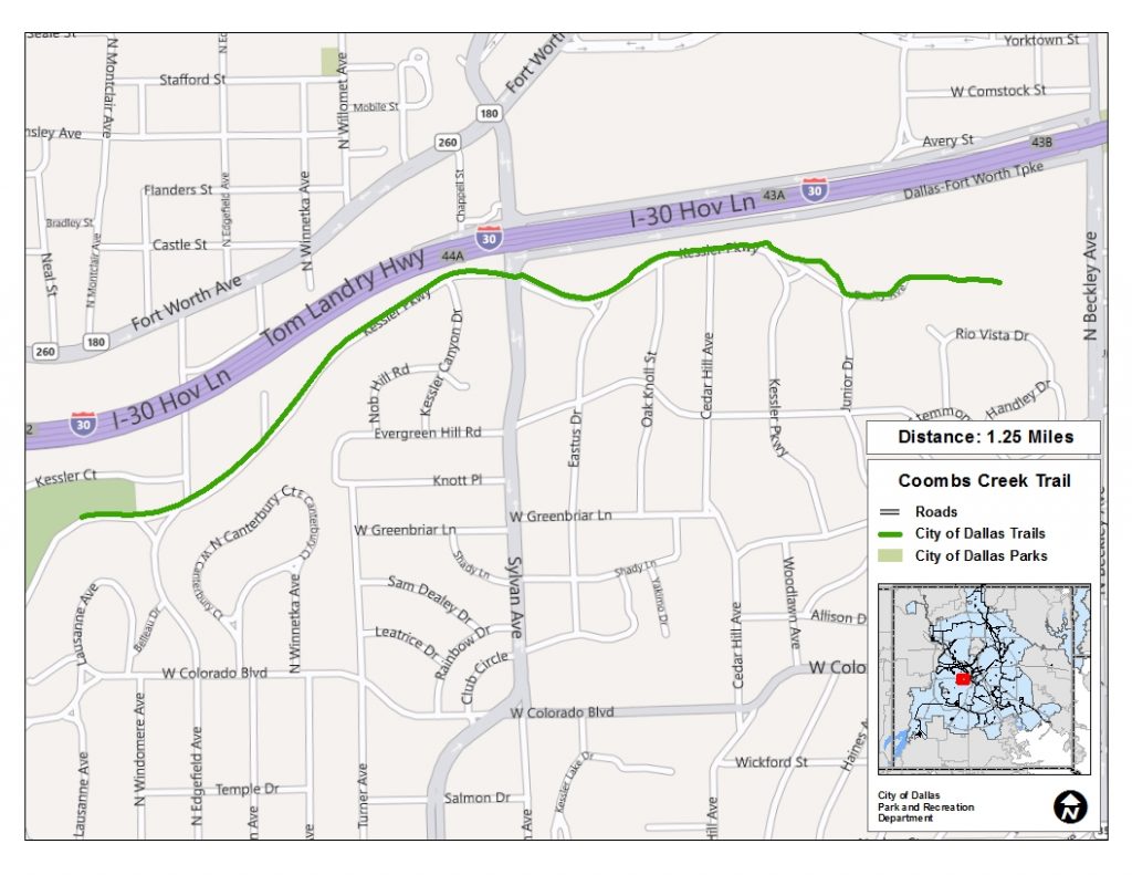 Click to see a larger Coombs Creek Trail map at happytrailsdallas.com/trail-maps (Map courtesy of the City of Dallas)