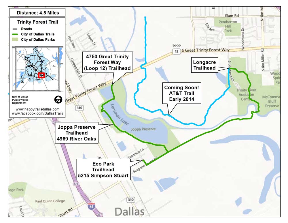 Click to see a larger Trinity Forest Trail map at happytrailsdallas.com/trail-maps (Map courtesy of the City of Dallas)