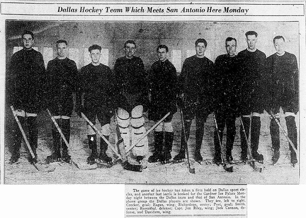 This old newspaper clipping shows the lineup of the 1927 Dallas Ice Kings. Third from right is team captain Jim Riley, who is the only person ever to play in Major League Baseball and the National Hockey League. Image courtesy of The Dallas Morning News HIstorical Archives