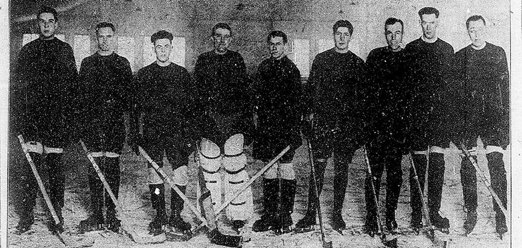 This old newspaper clipping shows the lineup of the 1927 Dallas Ice Kings. Third from right is team captain Jim Riley, who is the only person ever to play in Major League Baseball and the National Hockey League. Image courtesy of The Dallas Morning News HIstorical Archives