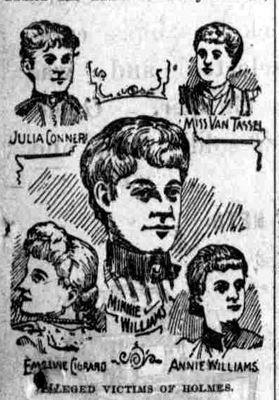 An 1890s newspaper clipping pictures some of Holmes’ victims, including Minnie Williams, center, and her sister, Nannie, mistakenly labeled “Annie” here.