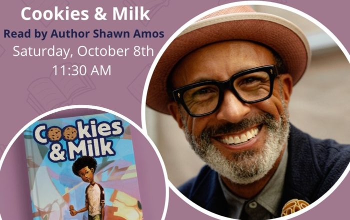 Shawn Amos and the cover of his book. Amos is a middle-aged Black man with thick glasses and a beard. He is smiling. The cover of the book is a young boy leaning against a wall while holding a chocolate chip cookie.