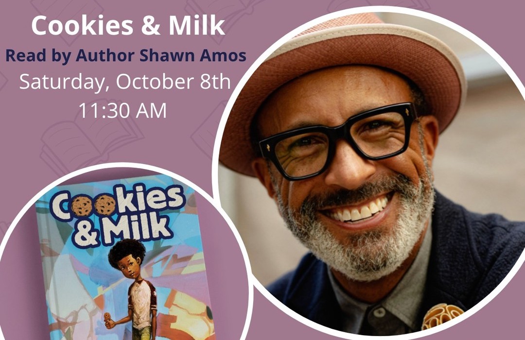 Shawn Amos and the cover of his book. Amos is a middle-aged Black man with thick glasses and a beard. He is smiling. The cover of the book is a young boy leaning against a wall while holding a chocolate chip cookie.