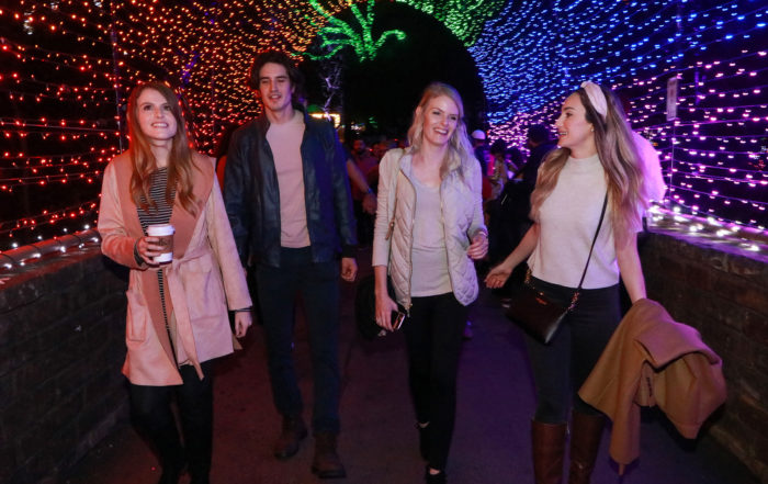 Adults walk through a lit up walkway.