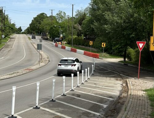 City re-attempts Sylvan/Colorado traffic calming with water barrier installation